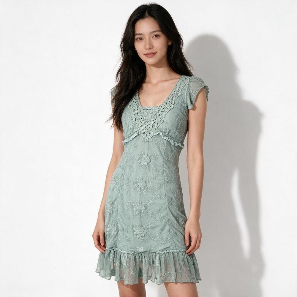 Sage Green Embroidered Mesh Dress Small Crochet Lace Fairy Y2K Boho Coquette
